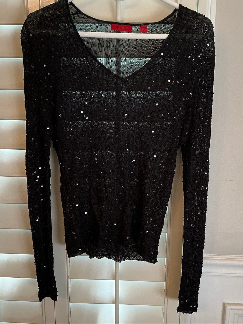 Venini Black Sequin Long-Sleeve V-Neck Top